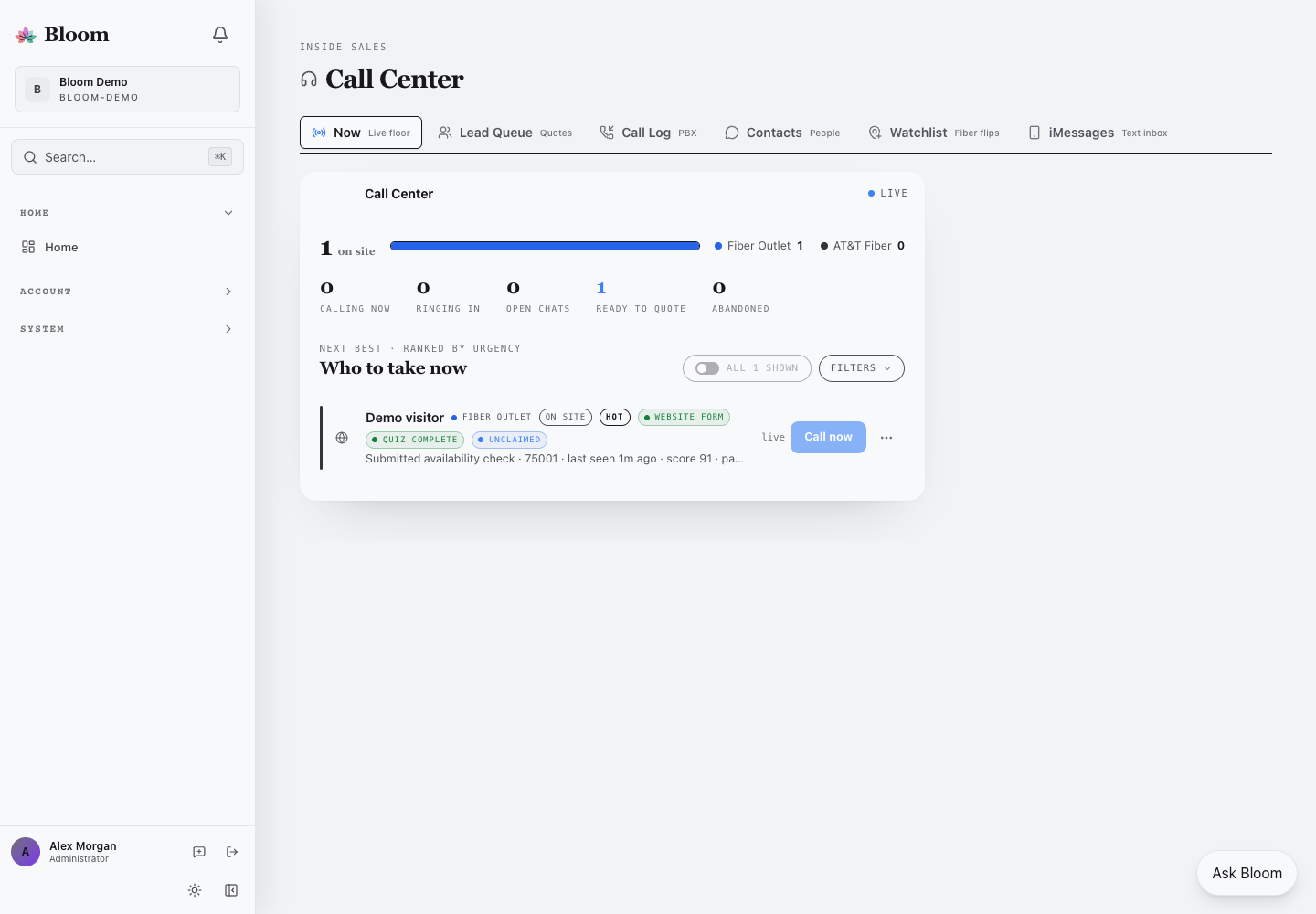 Existing Bloom demo workspace showing Call Center Live Floor, lead queue, call log and conversations